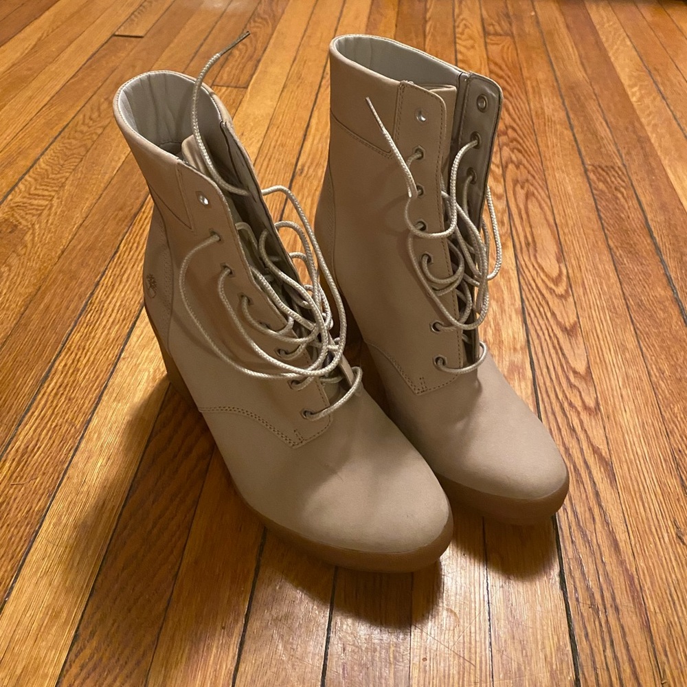 High heel timberland snow boots.